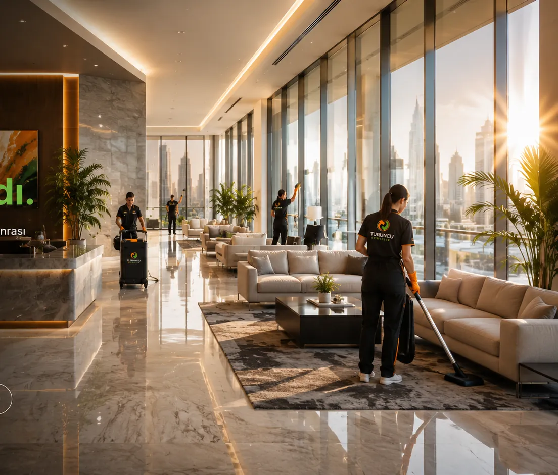 Otel lobisinde çalışan Turuncu Temizlik ekibi