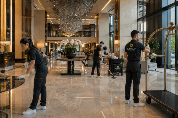Otel lobisinde mermer zemin ve resepsiyon alanı temizliği